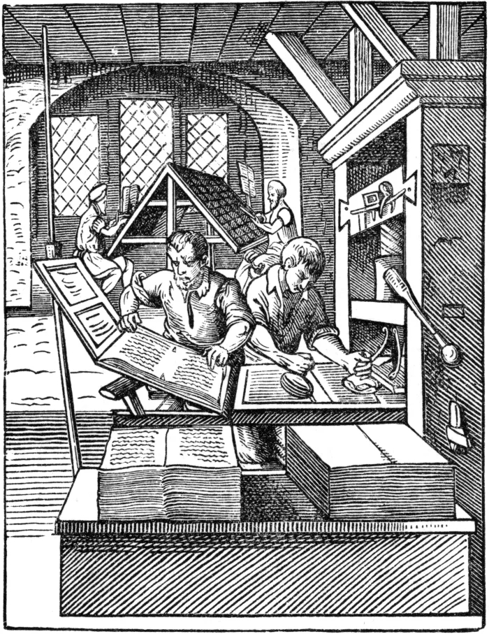 Der Buchdrucker (Печатники). Гравюра из <em>Книги ремёсел</em> Ханса Сакса и Йоста Аммана. Франкфурт-на-Майне, 1568.