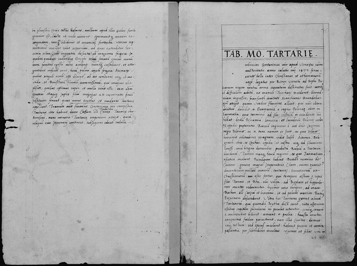 Ларэнц Фрыз (Lorenz Fries), 1524. Tab[ula] Mod[erna] Tartarie. Рукапіс. Тэкст на адвароце.