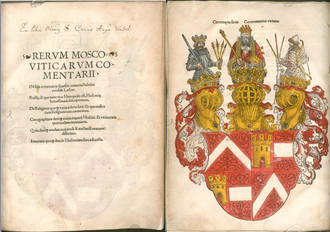 The title page and the author's coat of arms from the editio princeps of <em>Rerum Moscoviticarum Commentarii</em>, Vienna 1549. [Image source: Bavarian State Library. (Rar. 2082.)]